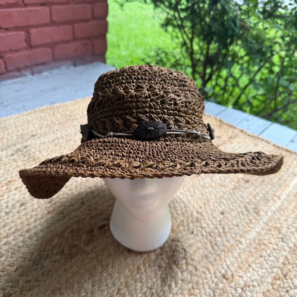 Brown Crochet Paper Straw Sun Hat Wood Bead Accent Wide Brim Summer Beach Hat